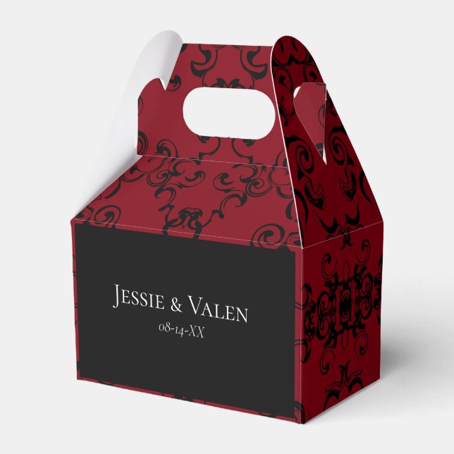 Red & Black Swirl Gothic Wedding Favor Boxes (Front Side)