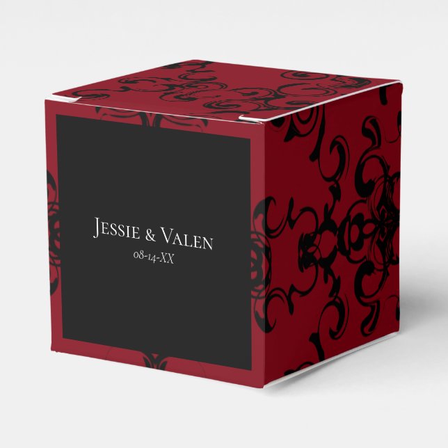 Red & Black Swirl Gothic Wedding Favor Boxes (Front Side)