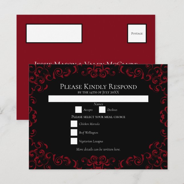 Red & Black Swirl Gothic Wedding Holiday Postcard (Front/Back)