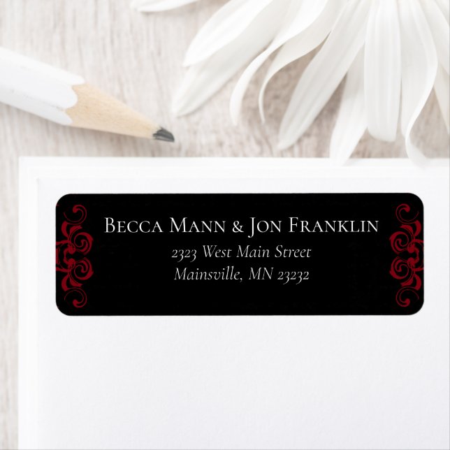 Red & Black Swirl Gothic Wedding Label (Insitu)