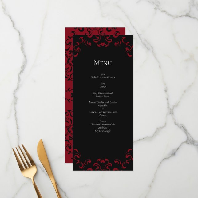 Red & Black Swirl Gothic Wedding Menu (Front/Back In Situ)