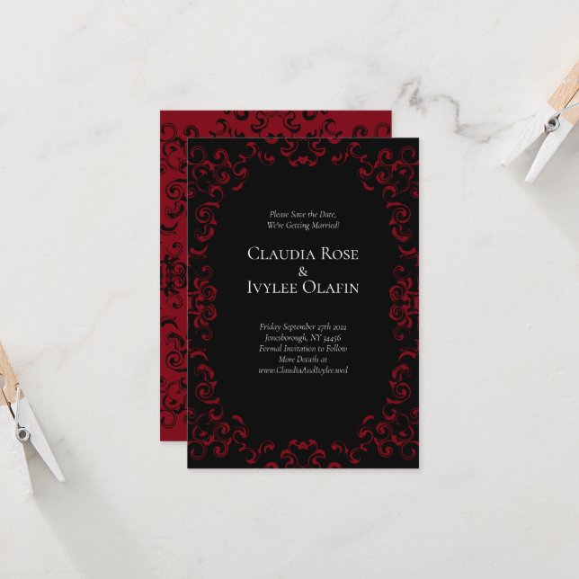 Red & Black Swirl Gothic Wedding Save the Date Invitation (Front/Back In Situ)