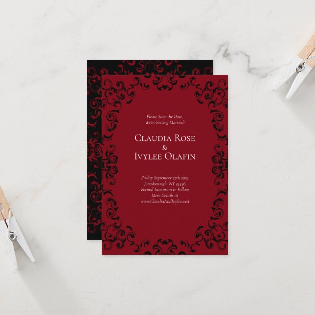Red & Black Swirl Gothic Wedding Save the Date Invitation (Front/Back In Situ)