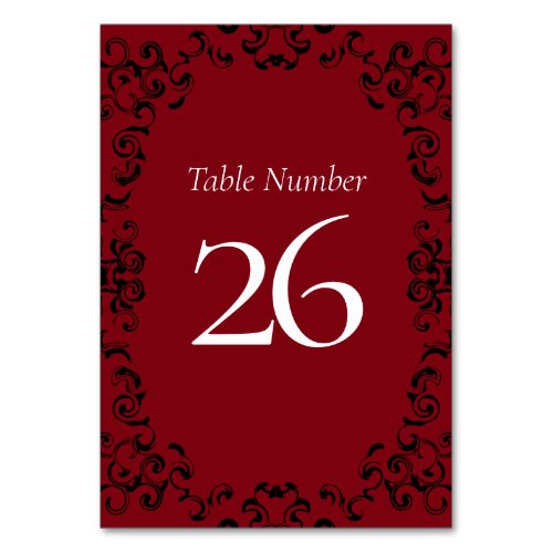 Red  Black Swirl Gothic Wedding Table Number