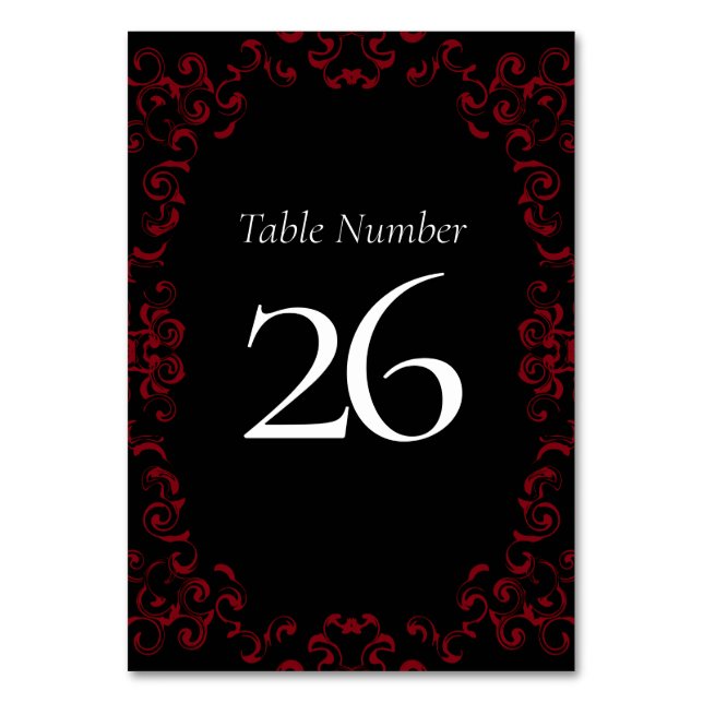 Red & Black Swirl Gothic Wedding Table Number (Back)