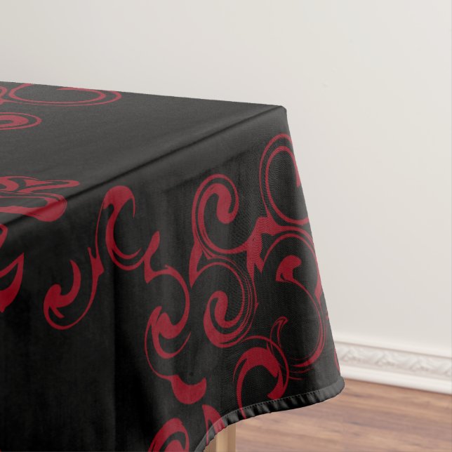 Red & Black Swirl Gothic Wedding Tablecloth (In Situ)