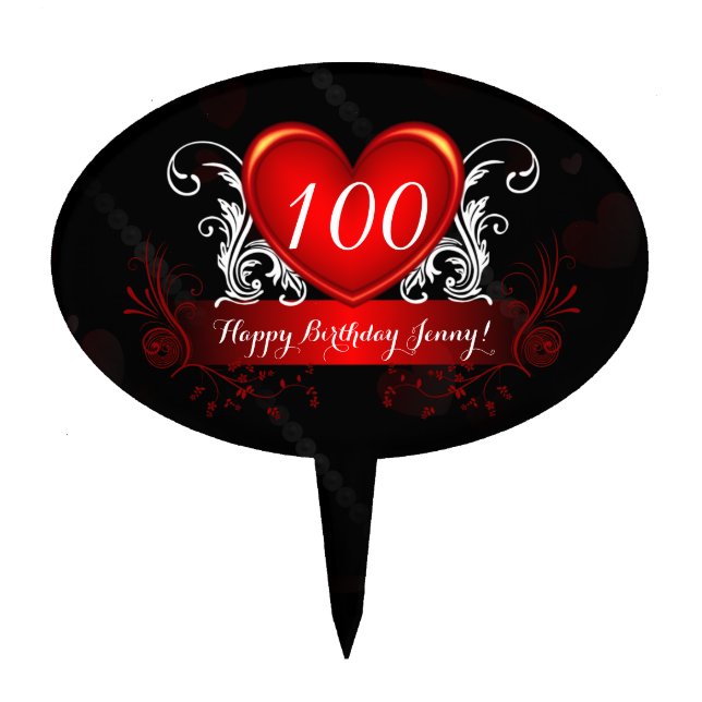 Red Black Swirly Heart Happy 100th Birthday Cake Topper (Front)