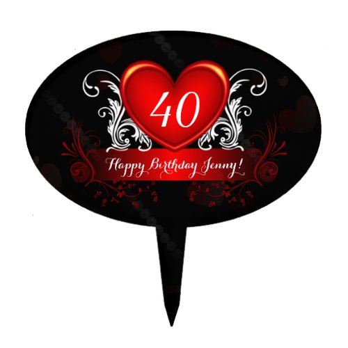 Red Black Swirly Heart Happy 40th Birthday Cake Topper