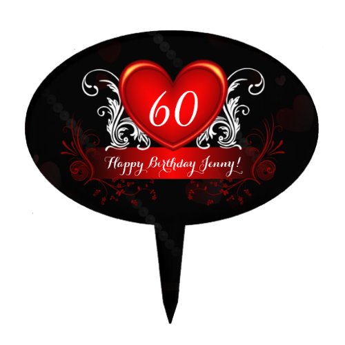 Red Black Swirly Heart Happy 60th Birthday Cake Topper
