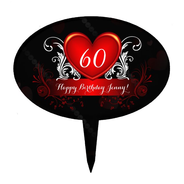 Red Black Swirly Heart Happy 60th Birthday Cake Topper (Front)