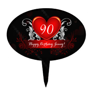 Red Black Swirly Heart Happy 90th Birthday Cake Topper