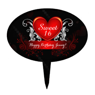 Red Black Swirly Heart Sweet 16 Happy Birthday Cake Topper