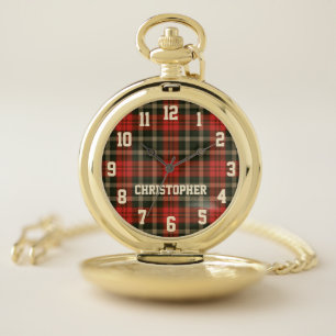 Red Black Tan Plaid Personalized with Name Retro Pocket Watch