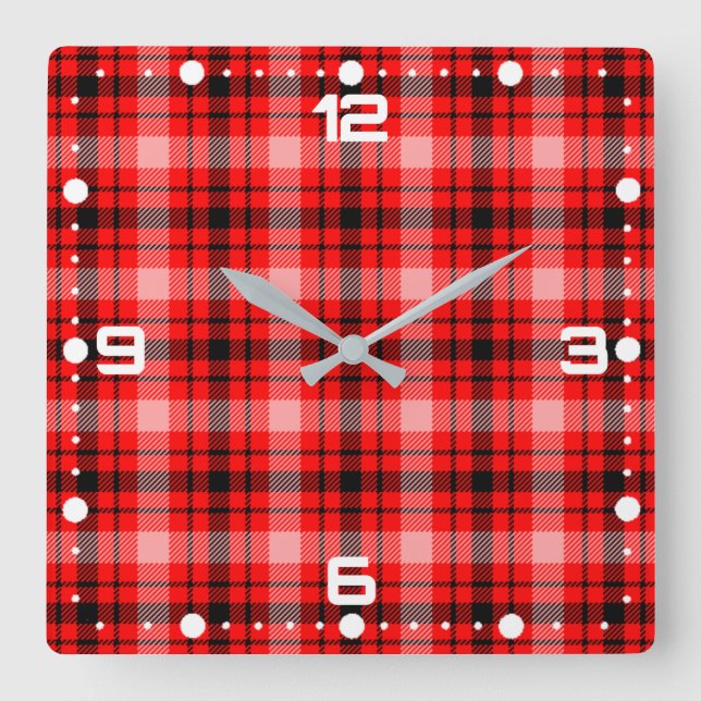 Red Black Tartan Checkered Plaid Pattern-24899 Square Wall Clock (Front)