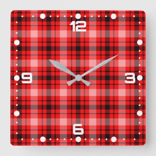 Red Black Tartan Checkered Plaid Pattern Square Wall Clock