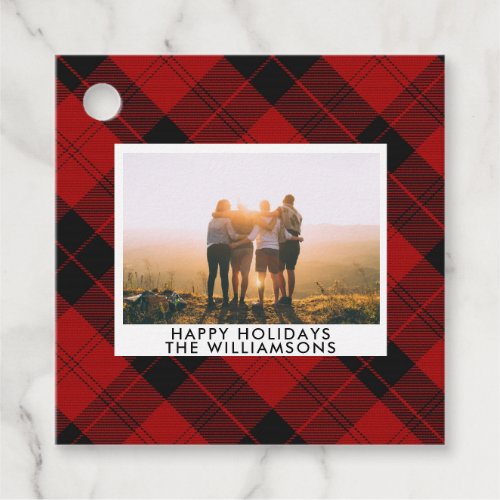 Red Black Tartan Custom Name Photo Message Favor Tags