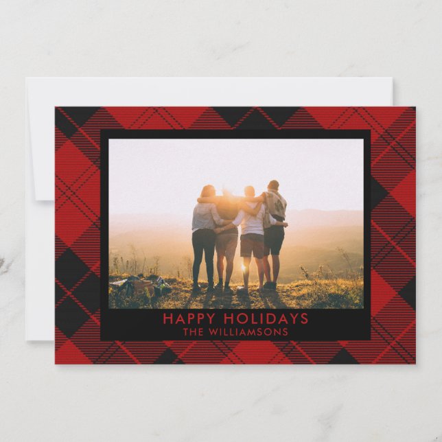 Red Black Tartan Custom Name Photo Message Holiday Card (Front)