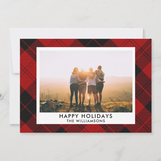 Red Black Tartan Custom Name Photo Message Holiday Card (Front)