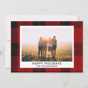 Red Black Tartan Custom Name Photo Message Holiday Card