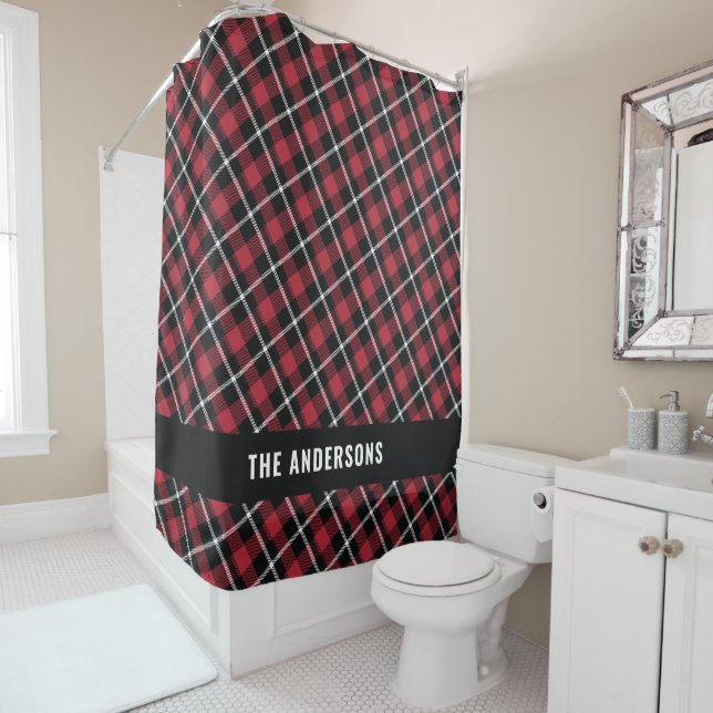 Red black tartan modern rustic personalized shower curtain (In Situ)