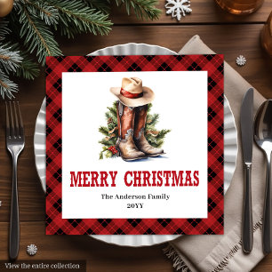 Red black tartan Western Christmas paper napkins