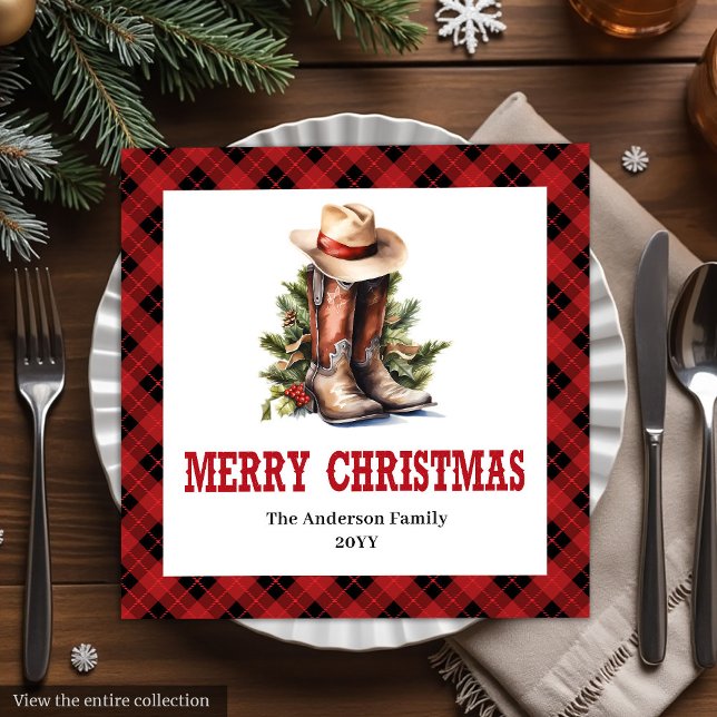 Red black tartan Western Christmas paper napkins (Western Christmas napkins red buffalo plaid tartan

)