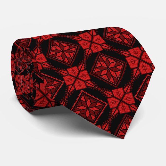 Red & Black Tatreez Henna Thobe Print Pattern Neck Tie (Rolled)