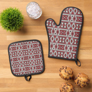 Red Black Taupe Beige Gray Tribal Art Pattern Oven Mitt & Pot Holder Set
