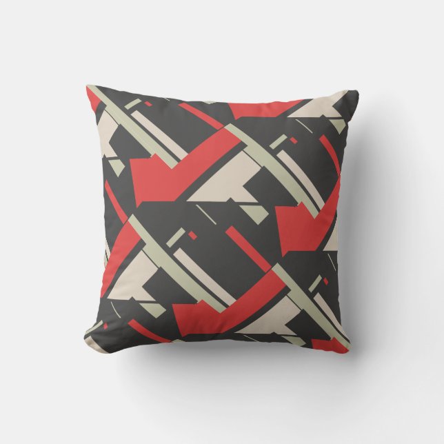 Red Black Taupe Beige Tiled Diagonal Abstract Art Throw Pillow (Front)