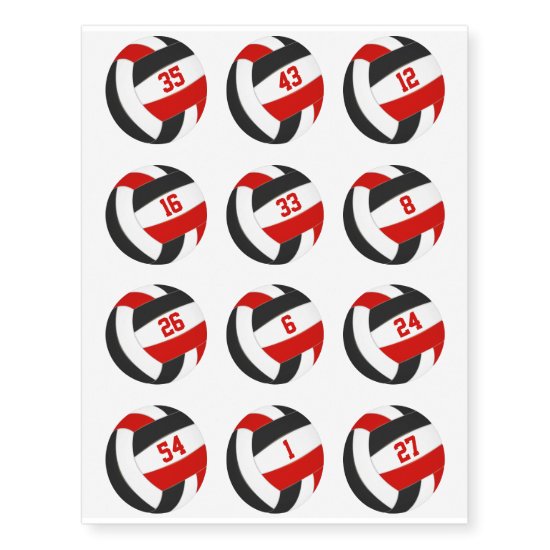 red black team color volleyballs w jersey numbers temporary tattoos