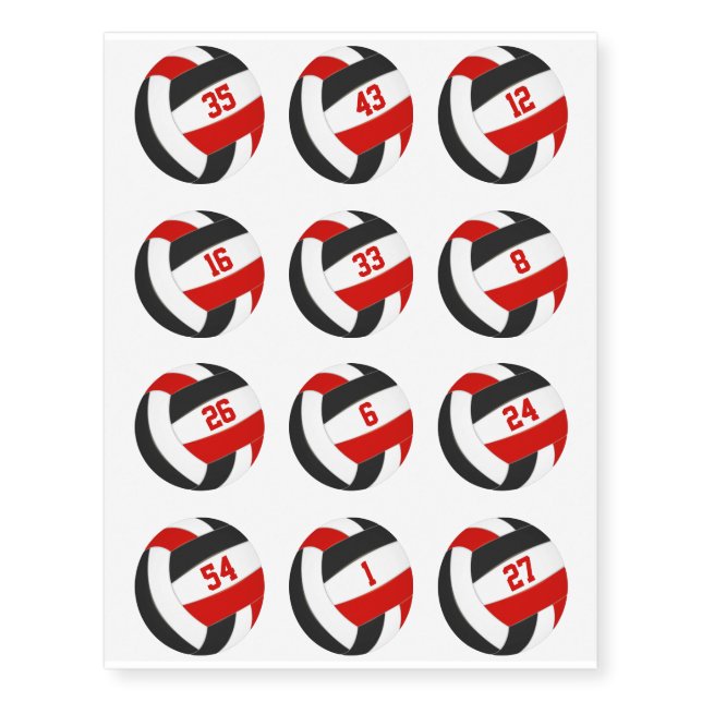 red black team color volleyballs w jersey numbers temporary tattoos (Front)