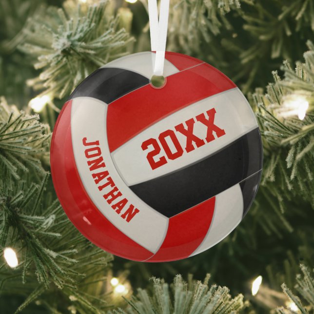 red black team colors boys girls volleyball glass ornament (Insitu)