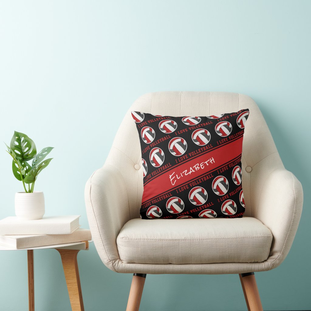 red black team colors girly I love volleyball throw pillow