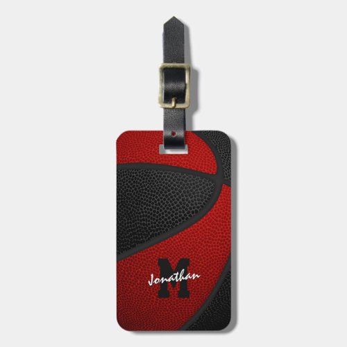 red black team colors monogrammed basketball luggage tag