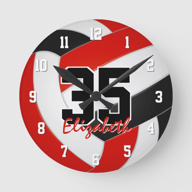 red black team colors players name volleyball round clock (Front)
