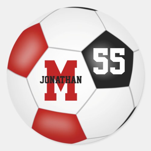 red black team colors soccer ball personalized classic round sticker