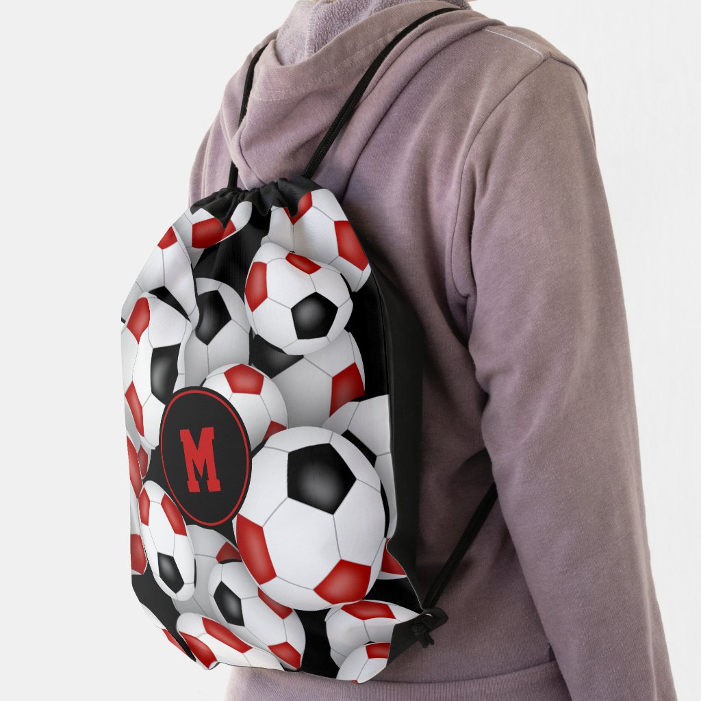 red black team colors soccer balls pattern drawstring bag