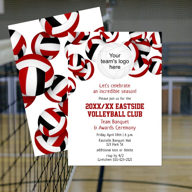 red black team colors volleyball season banquet invitation (Volleyball team party invitation, front & back views)