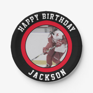 Red black Team Ice Hockey Birthday Party Paper Plates
