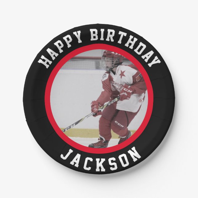 Red black Team Ice Hockey Birthday Party Paper Plates (Front)