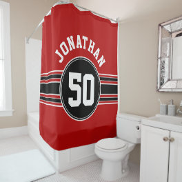 Red Black Team Jersey Fan Gear with Name Number Shower Curtain