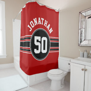 Red Black Team Jersey Fan Gear with Name Number Shower Curtain