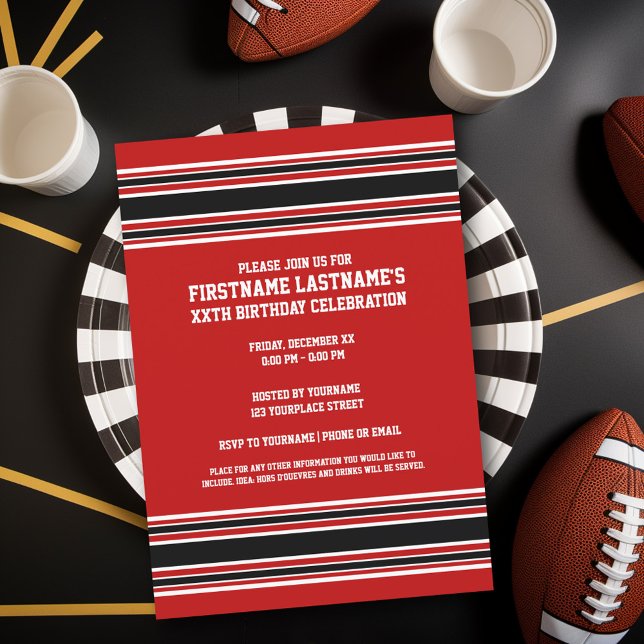 Red Black Team Jersey Name Number Birthday Invitation (Birthday Party Invitation - Sports Theme - Football Party Invitation)
