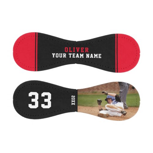Red Black Team Name Player Number Name Photo Baseball - Custom Red Black Team Name Player Number Name Photo Baseball. Black background with red stripes. You can change any text on the baseball or erase it. A perfect gift for a baseball player, teammates, coach, your friends and family. Personalize it with your photo, name, team name and the year. Great keepsake to remember your favorite sport.