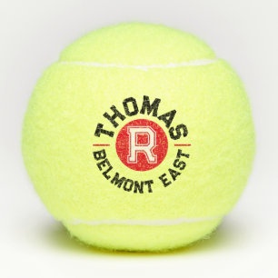 Red black text sport custom monogram name and team tennis balls