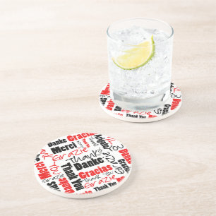 Red Black Thank You Word Cloud Sandstone Coaster