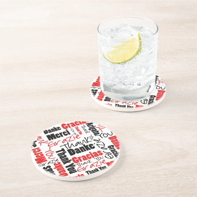 Red Black Thank You Word Cloud Sandstone Coaster (Side)