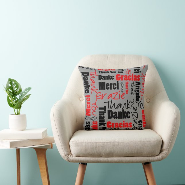 Red Black Thank You Word Cloud Throw Pillow (Chair)