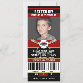 Red|Black Ticket Style Baseball Birthday Party Invitation
