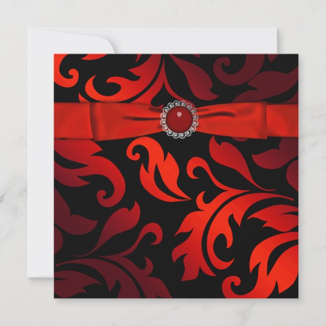 Red Black Tie Black Damask Party Invitation (Front)